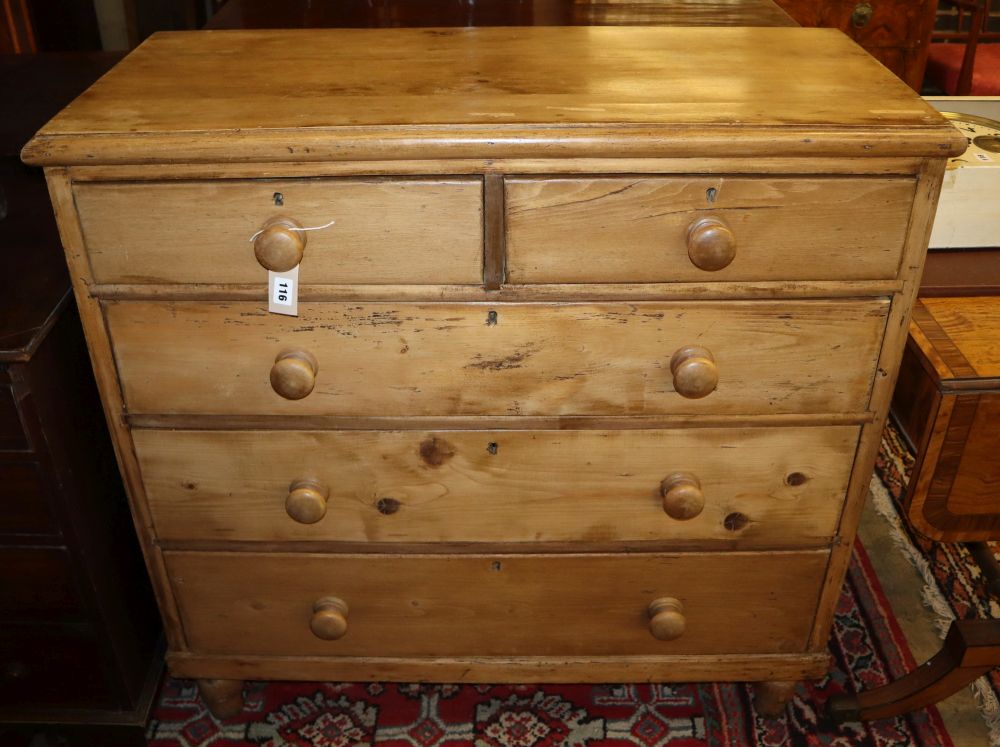 A Victorian stripped pine chest of drawers, W.104cm, D.44cm, H.102cm